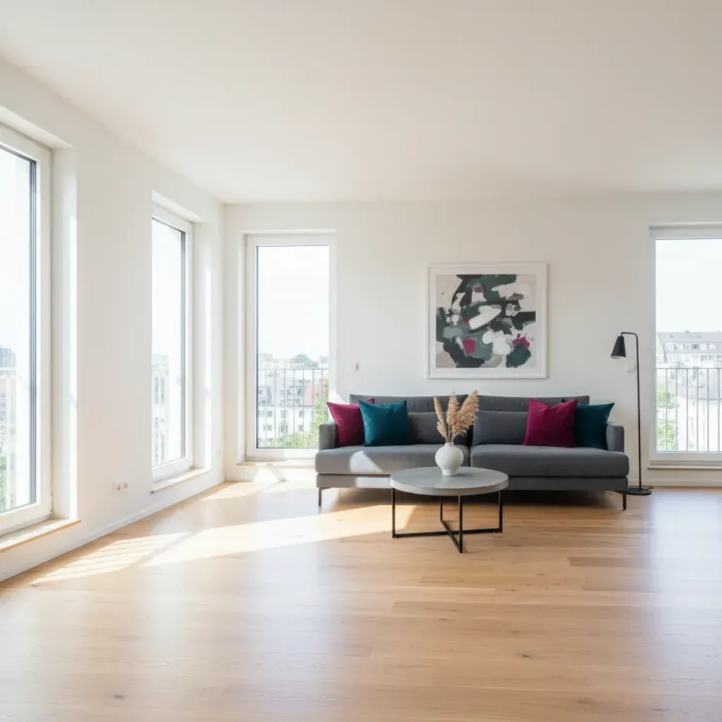 Frisch sanierte moderne Wohnung mit hellem Holzboden und großen Fenstern